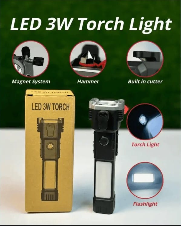 Super Bright LED Flash-light with Safety Hammer and Strong Magnets Side Light Torch Light